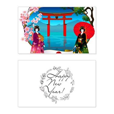 Imagem de Guarda-chuva de cultura japonesa Kimono Girl Festival Ano Novo Cartão de felicitações Bless Mensagem presente