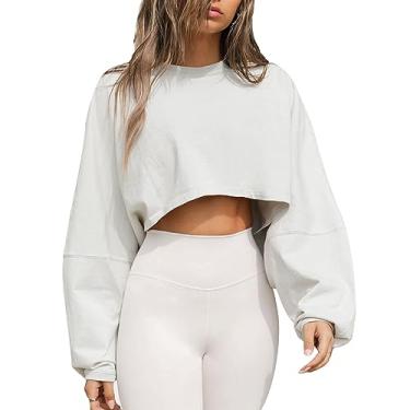 Imagem de GOTOTOP Moletom feminino curto pulôver solto cor pura manga longa, Cinza, branco, GG