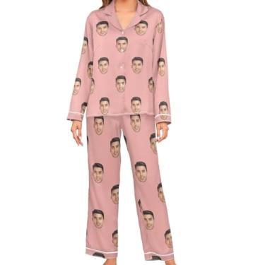 Imagem de JUNZAN Conjuntos de pijama feminino de cetim personalizado de manga comprida personalizado 2 peças pijama de botão feminino conjuntos de pijamas lilás roxo, Coral, M