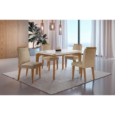 Imagem de Conjunto Sala de Jantar Mesa Liz 120cm com Vidro Canto Copo e 4 Cadeiras Athenas Moderna - Turim/Off White/Imbuia/Serig. Off White