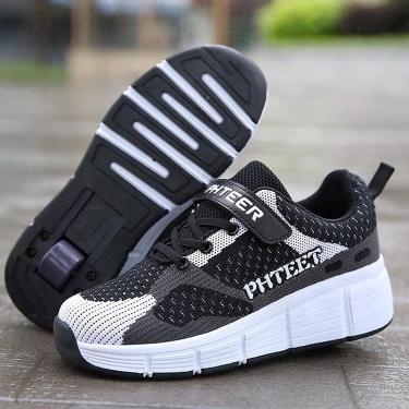 Imagem de Sapatos com rolos meninos meninas sapatos de skate roda única malha respirável 2 em 1 multifuncional tênis de ginástica ao ar livre tênis de corrida preto, preto branco, 31 UE