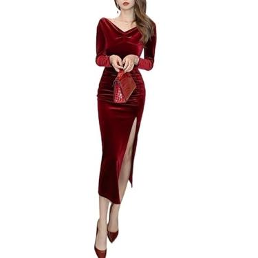 Imagem de Lewey Vestido elegante de veludo de manga comprida, colado ao corpo, gola V, vestido de festa, roupas femininas, Vermelho, GG