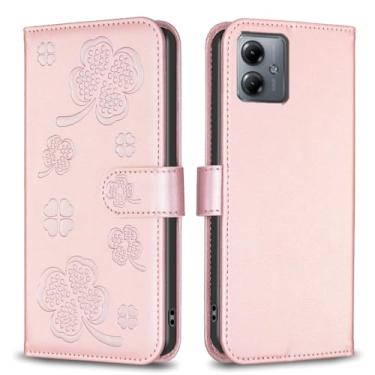 Imagem de Capa carteira para Motorola Moto G14 com 3 cartões e 1 compartimento para dinheiro, capa de telefone flip de couro PU à prova de choque compatível com Moto G14 4G 6,5 polegadas (rosa)