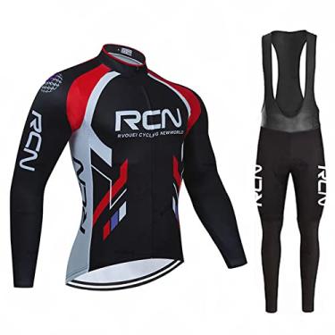 Imagem de Camisa de ciclismo de inverno equipe outono manga longa calças babador conjunto de lã térmica masculino terno de bicicleta esporte equitação MTB roupas de bicicleta, vermelho, PP (160 cm/53 kg)