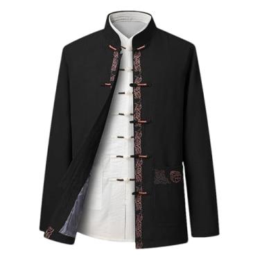 Imagem de BoShiNuo Quimono Hanfu tradicional chinês cardigã masculino gola Cheongsam jaqueta casual jaqueta retrô com botões, Preto J51, PP