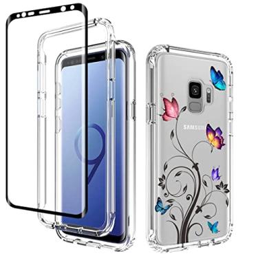 Imagem de Vavies Capa para Galaxy S9, SM-G960U com protetor de tela de vidro temperado, capa de telefone transparente flexível com design floral para Samsung Galaxy S9 (árvore borboleta)