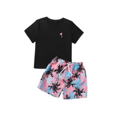 Imagem de SOLY HUX Conjunto de 2 peças para meninos com camiseta tropical e shorts, Tropical, preto, 7Y