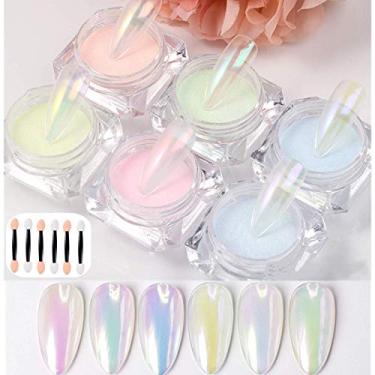 Imagem de 6 caixas sereia cromo arte para unhas pó aurora pó espelho holográfico laser colorido neon pérola pigmento manicure glitter com 6 peças de bastão de sombra