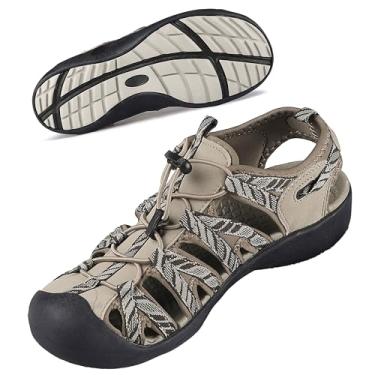 Imagem de GRITION sandália feminina atlética para caminhada bico fechado sapatos aquáticos aventura esportes trilha verão, Beige/Brown, 6.5