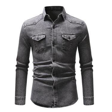 Imagem de Camisa jeans masculina, manga comprida, botões frontais, cor gradiente, roupa externa, bainha reta, bolsos frontais, Cinza-claro, M
