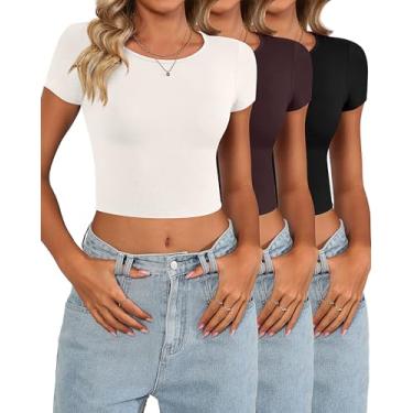 Imagem de Riyiper Pacote com 3 camisetas femininas com gola redonda, manga curta, justas, justas, para treino, leve, básica, justa, Preto, marrom, creme, P