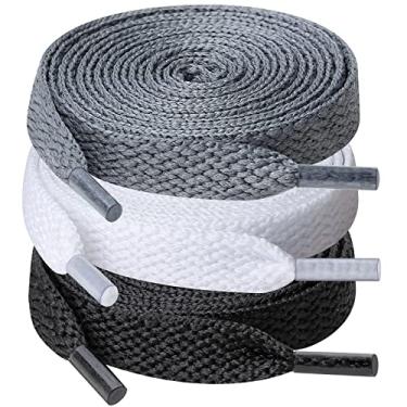 Imagem de 3 pares de cadarços, cadarços planos de 8 mm de largura para tênis atléticos de corrida para adultos, crianças, Branco, preto, cinza escuro, 54"