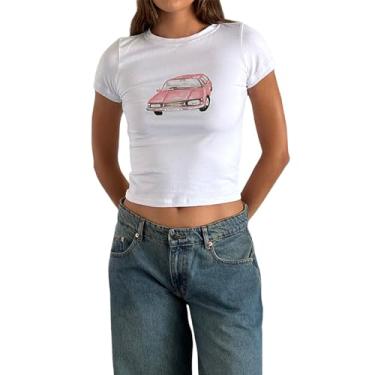 Imagem de Camiseta Y2k estampada para bebês com estampa de laço/cerejeira/carro, gola redonda, casual, caimento justo, Cremoso., M