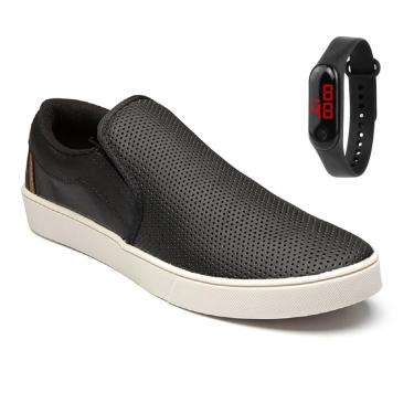 Imagem de Kit Tênis Slip On Iate Masculino Casual Sapatênis Sem Cadarço Slipper Macio + Relógio Digital-Masculino