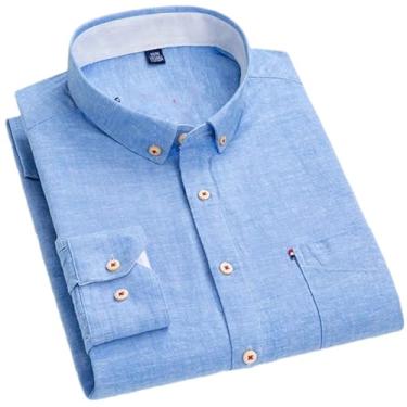Imagem de Camisa masculina de algodão xadrez listrada de linho com bolso único confortável para respiração e manga comprida com botões, 5-2, GG