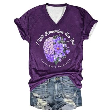 Imagem de Camisetas femininas de conscientização de Alzheimer, roxa, floral, estampadas, soltas, verão, gola V, manga curta, blusas casuais, Z16 - roxo, XXG