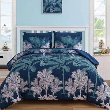 Imagem de WONGS BEDDING Jogo de cama king botânico, 7 peças, palmeira azul marinho, reversível, de microfibra macia reversível, com edredom, lençol de cima, lençol com elástico, fronhas e fronhas