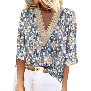Imagem de Camiseta feminina de renda com gola V, manga 3/4, estampa floral, caimento solto, túnica, camisetas de verão para sair, Azul claro, XXG