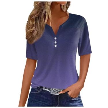 Imagem de Camisetas femininas modernas de verão 2024 de manga curta com botão e gola V, blusas casuais modernas, Ofertas relâmpago roxo, G