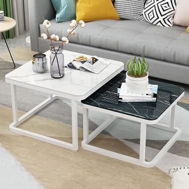 Imagem de Conjunto de mesa de centro aninhada com 2 mesas laterais empilháveis, tampo de mesa de vidro temperado liso com efeito de mármore para sala de estar, mesas de sofá de metal, moldura branca,