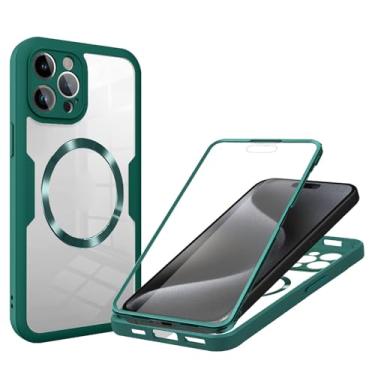 Imagem de POYUFRG Capa magnética para iPhone 15 Pro Max/15 Pro/15 Plus/15, protetor de tela integrado, capa de telefone transparente frente e verso, verde, 15 Pro Max de 6,7 polegadas