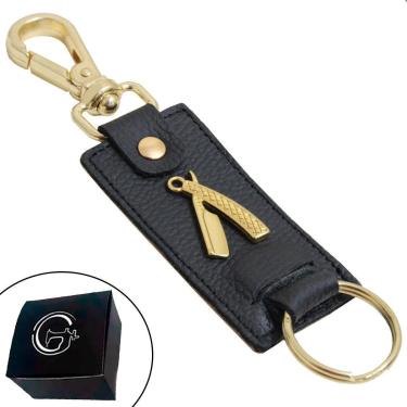 Imagem de Chaveiro Couro Barbearia Navalhete e Lâmina Banho Dourado - NE-Unissex