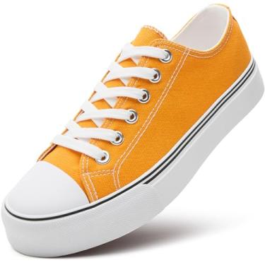 Imagem de ZGR Tênis feminino branco feminino, tênis de lona com cadarço, sapatos casuais de lona para caminhada, Amarelo, 36