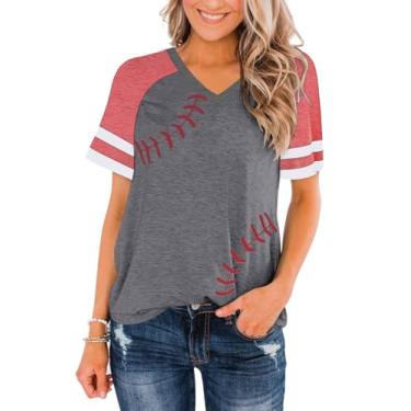 Imagem de ZUNQKG Camisetas femininas de beisebol com gola V, manga curta, patchwork, estampa raglan, beisebol, 06 - cinza e vermelho, M