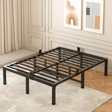 Imagem de Estruturas de cama de casal, estrutura de cama de plataforma de metal resistente de 40,6 cm, suporte completo de até 1,587 kg, sem necessidade de mola box, compatível com cabeceira, suporte de ripas