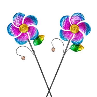 Imagem de Viveta Pacote com 2 spinners de vento com estaca de metal, 72,88 cm de jardim externo cataventos spinners formato de flor roxa design para decoração de pátio de gramado