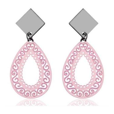Imagem de Brinco De Gota Banho Rosa Pink Ródio Negro Arabesco Bordado - De Castr