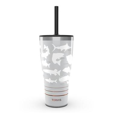 Imagem de Tervis Traveler Fishing - Fish Finder Copo isolado de parede tripla mantém as bebidas frias e quentes, 850 g com tampa de palha, aço inoxidável
