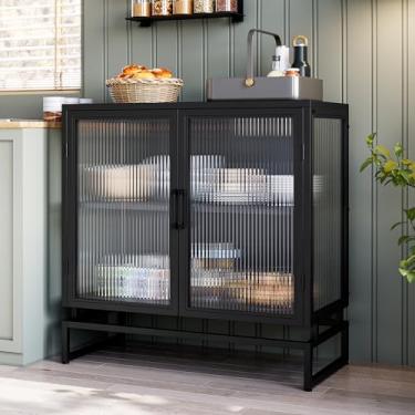 Imagem de GAOMON Armário buffet com portas de vidro, armário de aparador com prateleiras ajustáveis, portas de vidro independentes armário de armazenamento para cozinha, sala de estar, sala de jantar, preto