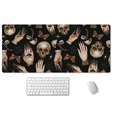 Imagem de SSOIU Mouse pad para jogos estendido (90 x 40 cm), base de borracha estável grande com bordas costuradas, mouse pad para teclado mousepad para trabalho, jogos, escritório, casa - padrão de caveira mágica com mãos de bruxa