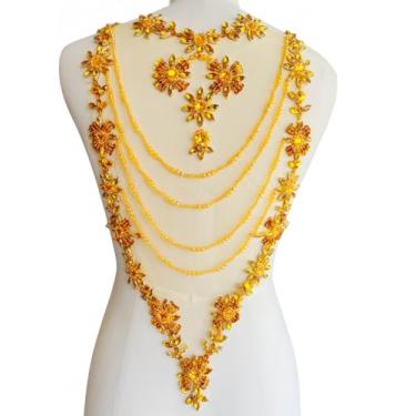 Imagem de Akiko.CC Aplique de renda de strass feito à mão, costura, contas brilhantes, apliques de franja de cristal para roupas de vestido acessórios traseiros 25 x 53 cm (ouro)