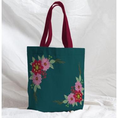 Imagem de Bolsa Sacola Artesanal de Tecido Verde Flores Marsala - Core Decore