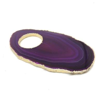 Imagem de Porta Guardanapo Chapa de Ágata Rosa Com Furo e Borda Dourada - Charm 