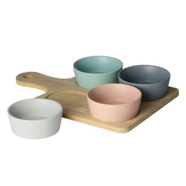 Imagem de Cj.Petisqueira com Bandeja Bambu e 4 Bowls Ceramica 21x31cm - Lyor