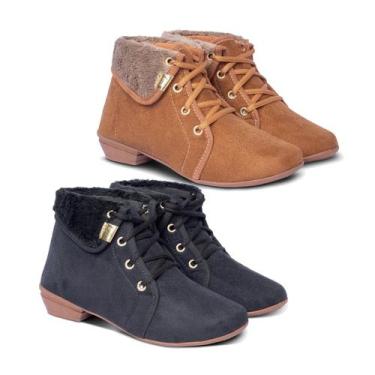 Imagem de Kit 2 Pares Bota Coturno Feminino Pele Leve Cano Curto Salto Baixo - L