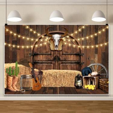 Imagem de ChloropLastid Pano de fundo caubói ocidental 3,7 x 3 m rústico marrom madeira porta de celeiro fotografia fundo country botas violão chá de bebê crianças decorações de festa de aniversário banner