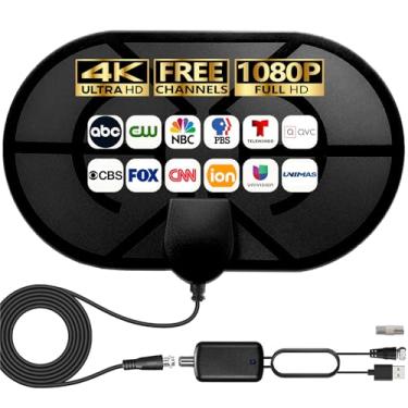 Imagem de Antena de TV interna para canais locais - Antena HDTV digital amplificada HD 4K com amplificador de sinal - Recepção de 360° de longa duração, suporte aéreo para todos os tipos de TV