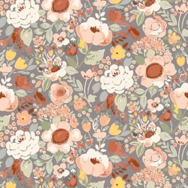 Imagem de VEELIKE Papel de parede floral em aquarela vintage cinza e pêssego floral para quarto, banheiro, 40 x 900 cm, papel de contato floral autoadesivo para armários e paredes papel de parede removível