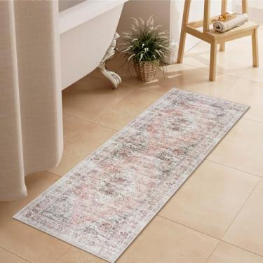 Imagem de Uphome Tapetes de banheiro, tapete de banheiro envelhecido boêmio rosa blush, tapetes de banho longos antiderrapantes e laváveis, caminho de banheiro de veludo macio tradicional vintage para banheira