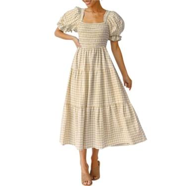 Imagem de ZESICA Vestido midi feminino 2024 boêmio de verão xadrez gola quadrada manga bufante babados rodado praia, Bege, G