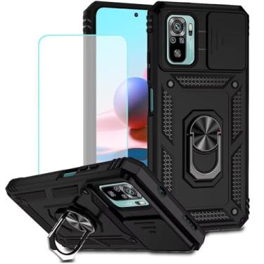 Imagem de Vokuha Capa para Redmi Note 10 4G/Redmi Note 10S, capa M2101K7BG com protetor de tela de vidro temperado e capa de câmera deslizante, capa magnética com suporte de anel giratório de 360° para Xiaomi