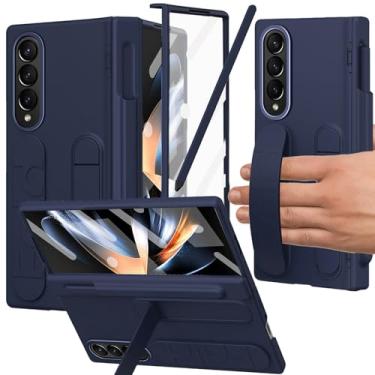 Imagem de YQODSZ Capa para Samsung Galaxy Z Fold 4 com suporte para caneta S e caneta Stylus, capa com suporte Z Fold 4 com alça de mão, protetor de tela, borda elevada para Z Fold 4 azul