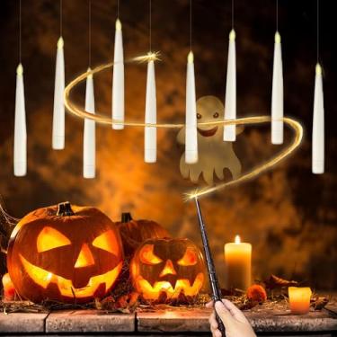 Imagem de Decorações de Halloween – 10 peças de velas flutuantes com varinha, velas mágicas penduradas, luz quente cintilante, velas de LED sem chama com controle remoto, luzes de Natal para janela, casa