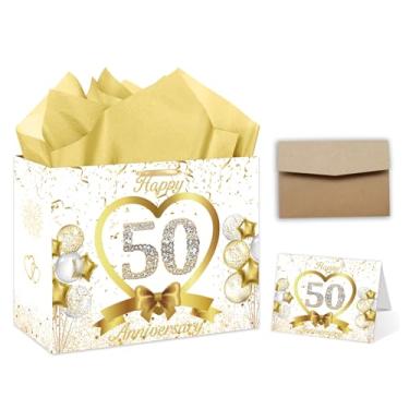 Imagem de GOLDCROW Saco de presente de papel de 50º aniversário de casamento em ouro branco grande para festa de 50º aniversário de 50 anos com papel de seda e cartão, decorações de festa de aniversário de 50