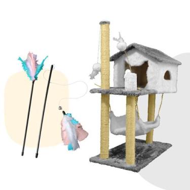 Imagem de Kit Arranhador Casa Com Rede Para Gato 2 Andares Varinhas Interativas 