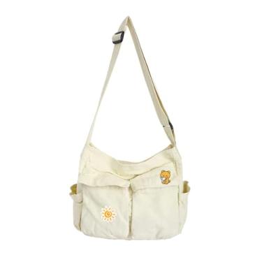 Imagem de Bolsa carteiro transversal de lona vintage com vários bolsos e fecho de , ideal para escola, Branco, Medium
